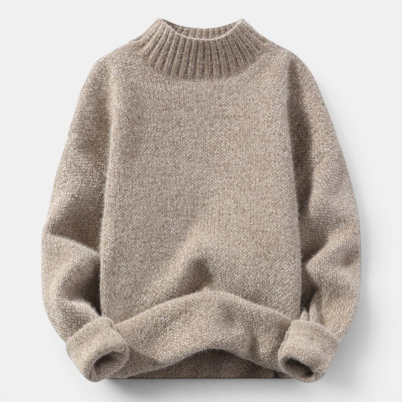 Allzom beige knitted pullover sweater with a mock neck and relaxed fit.