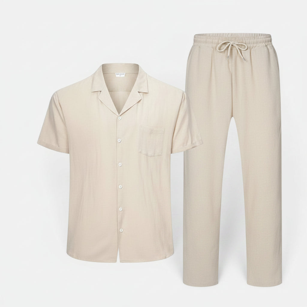 Allzom men's beige linen short-sleeve shirt and matching drawstring trousers, casual exercise suit.
