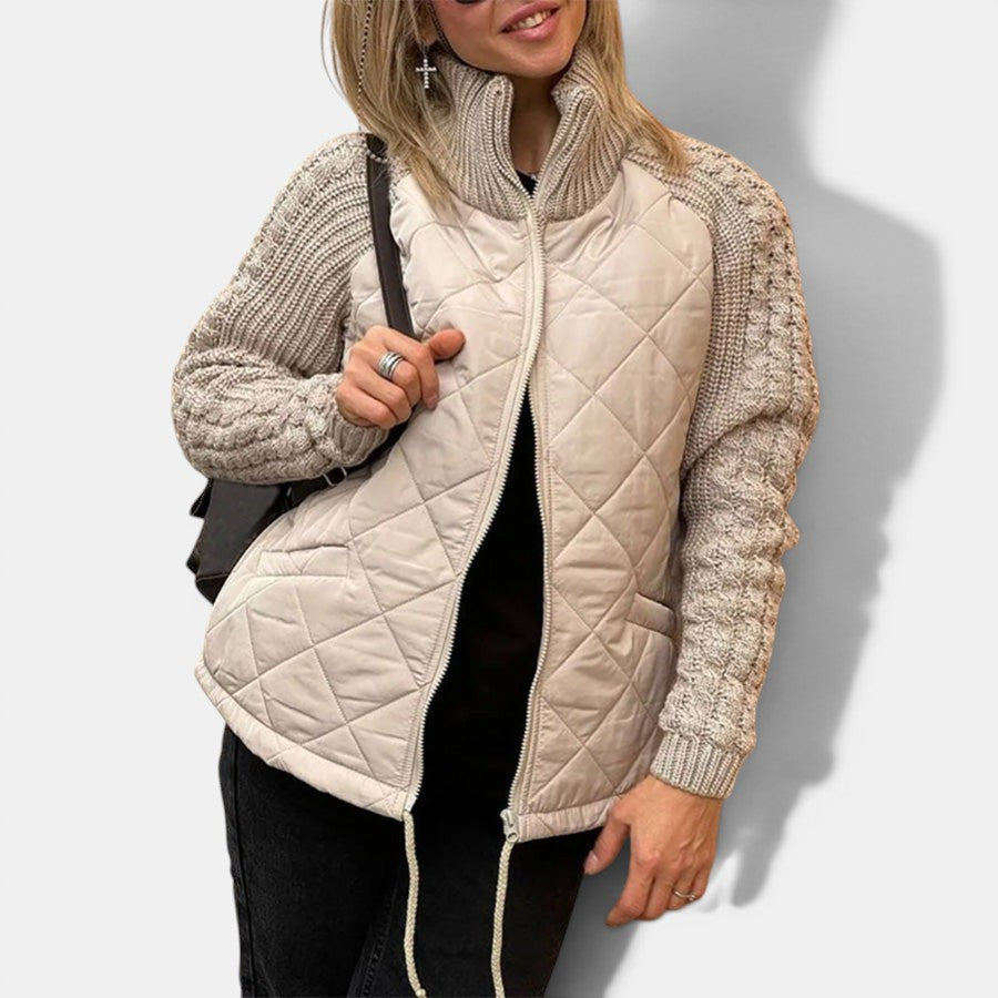 Allzom women's beige quilted jacket with knitted sleeves and stand collar, featuring a zipper closure and pockets.