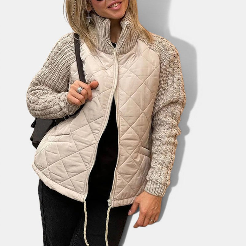 Allzom women's beige quilted jacket with knitted sleeves and stand collar, featuring a zipper closure and pockets.