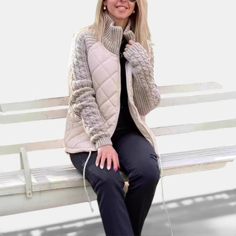 Allzom women's beige quilted jacket with grey knitted sleeves and stand collar, featuring a zipper closure.