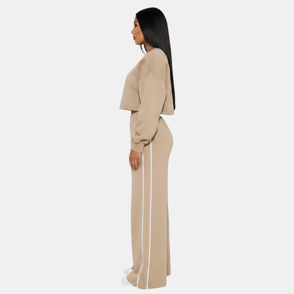 Allzom beige cropped long sleeve sweatshirt and wide leg sweatpants with white stripe detail.