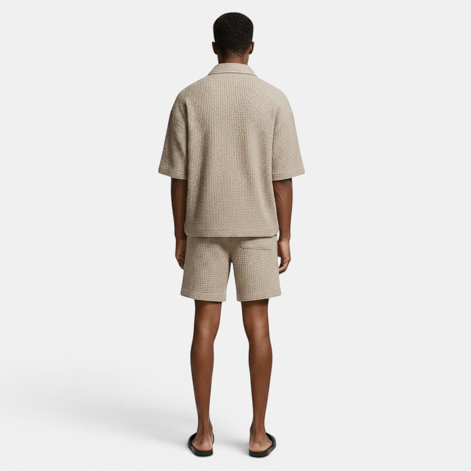 Allzom men's beige waffle knit zip-up short-sleeve shirt and matching shorts set.