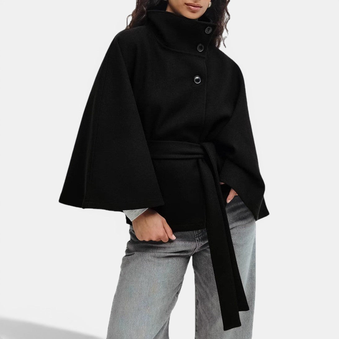 Allzom black polyester coat with high neck, batwing sleeves, belt and button details.