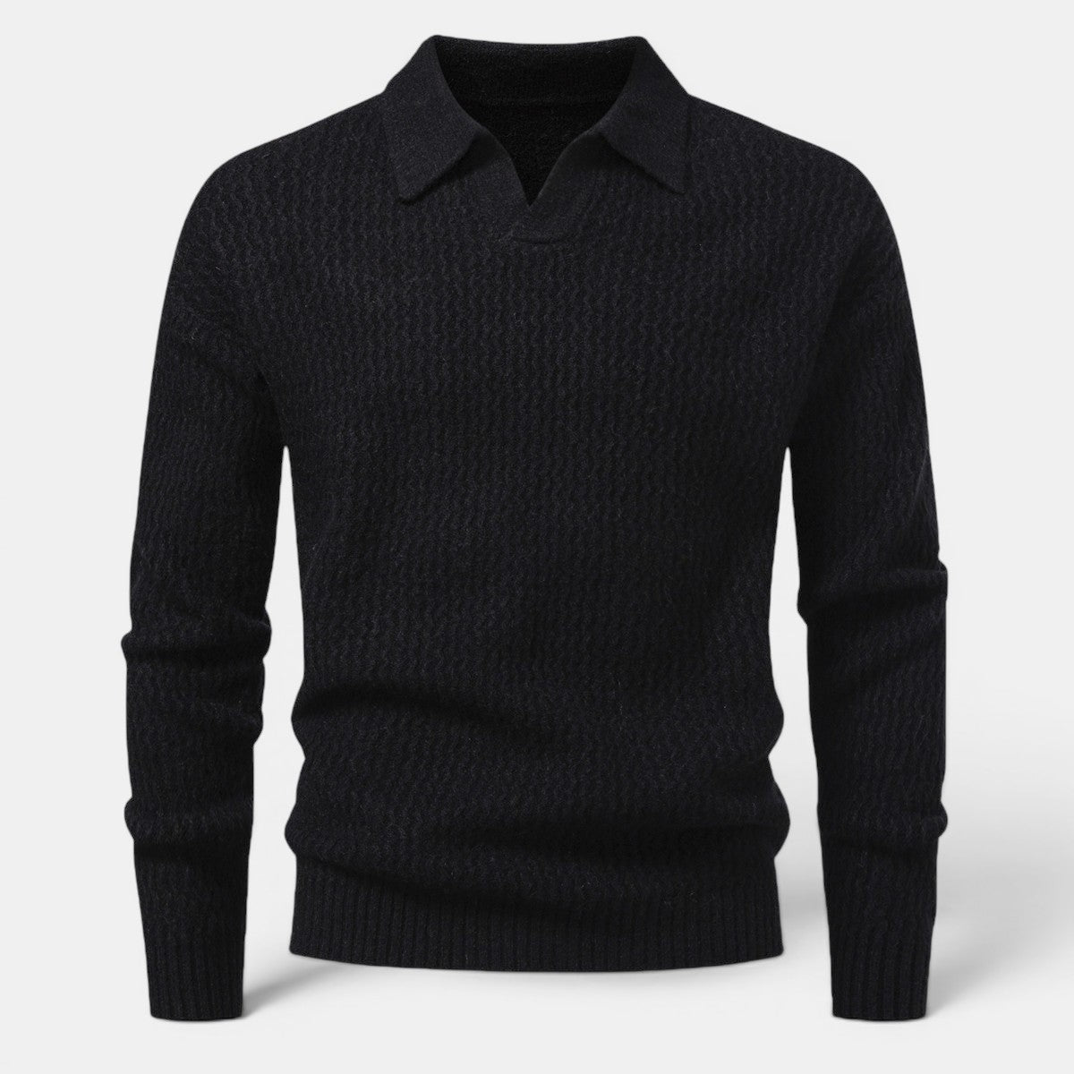 Allzom men's solid black long-sleeve cable knit sweater with a textured pattern and a collared neckline.