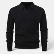 Allzom men's solid black long-sleeve cable knit sweater with a textured pattern and a collared neckline.