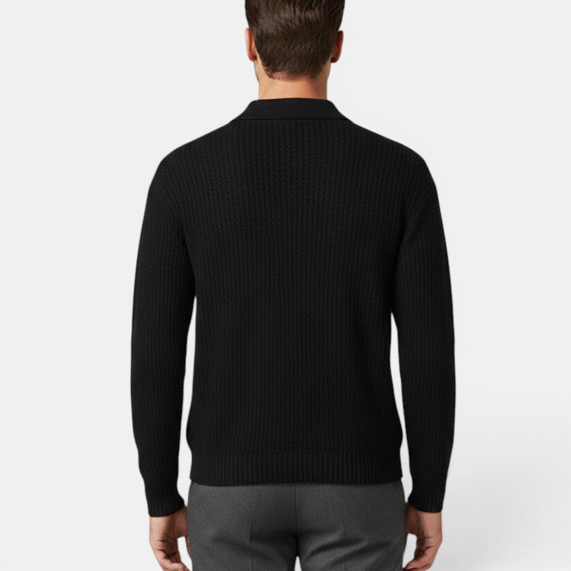 Allzom men's black cable knit turtleneck sweater with long sleeves.