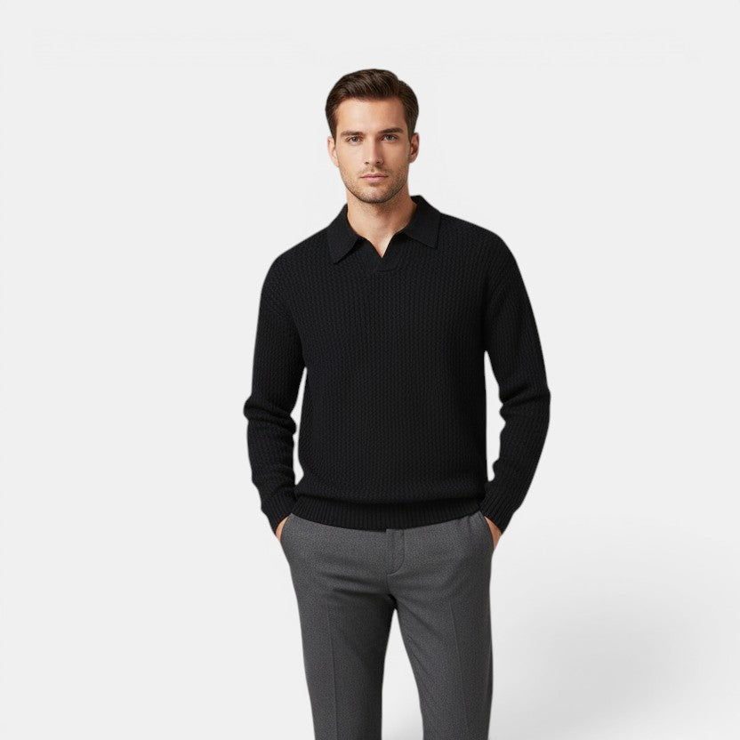 Allzom men's black cable knit turtleneck sweater with long sleeves and a collared neckline.