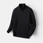 Allzom men's black cable knit quarter-zip sweater coat with a relaxed fit and mock neck.