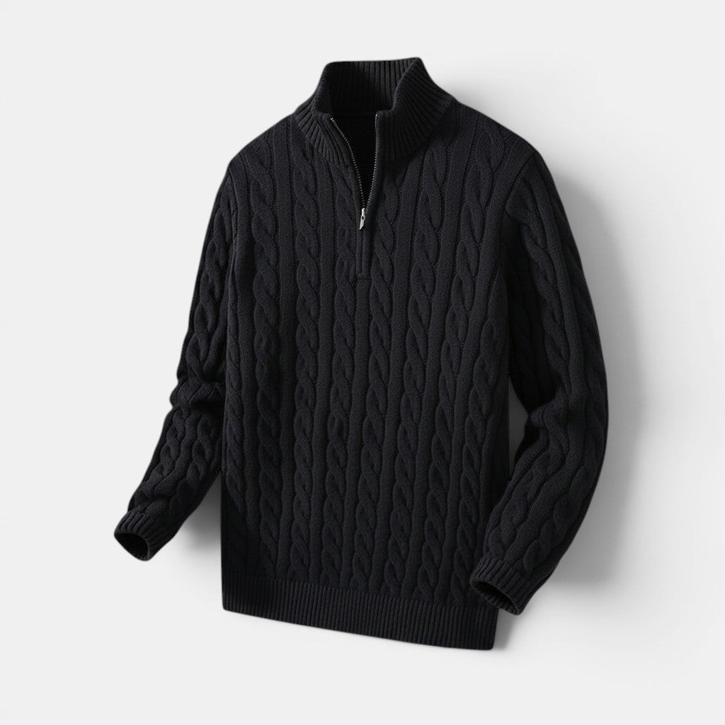 Allzom men's black cable knit quarter-zip sweater coat with a relaxed fit and mock neck.