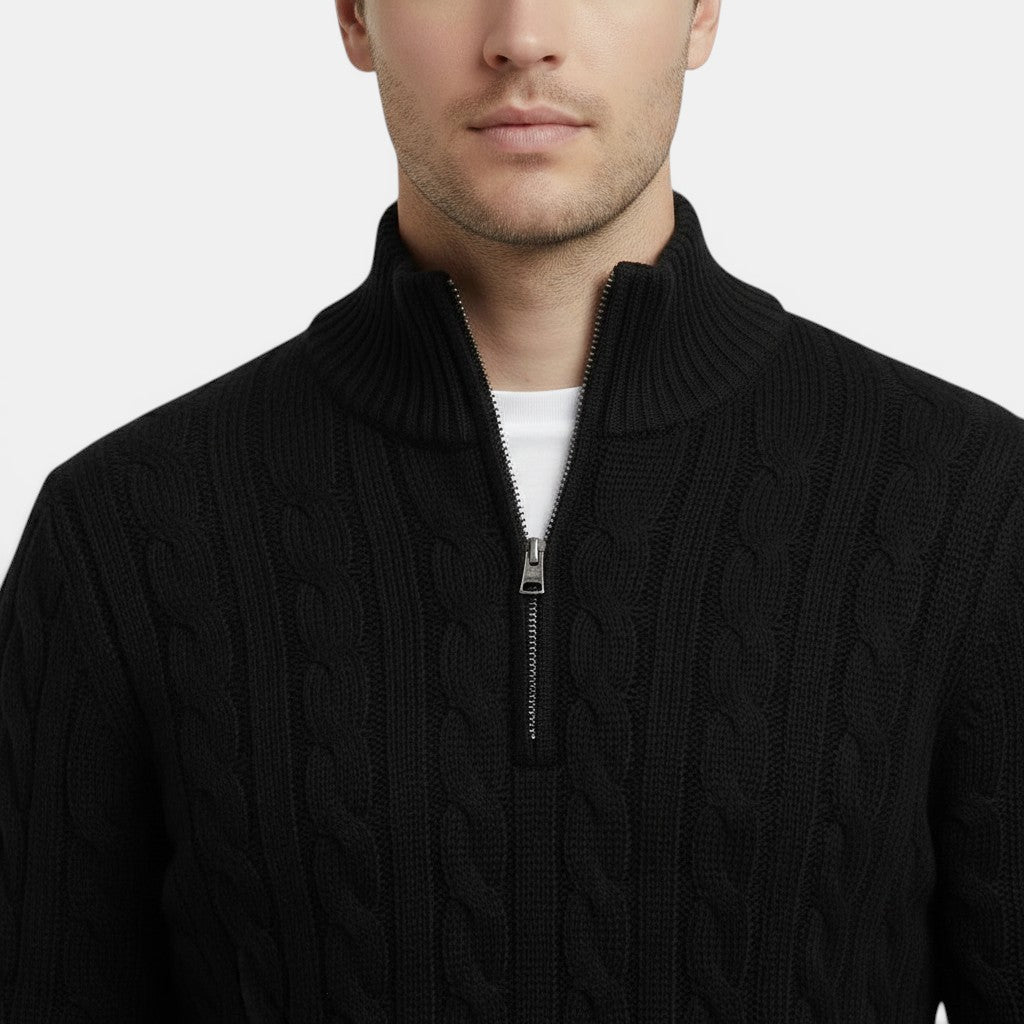 Allzom men's black cable knit zip-up sweater coat with a ribbed collar and white t-shirt underneath.