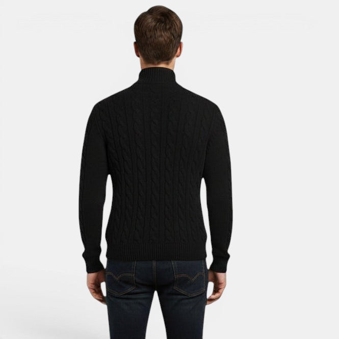 Allzom men's black cable knit zip-up sweater coat with a high neck and loose fit.