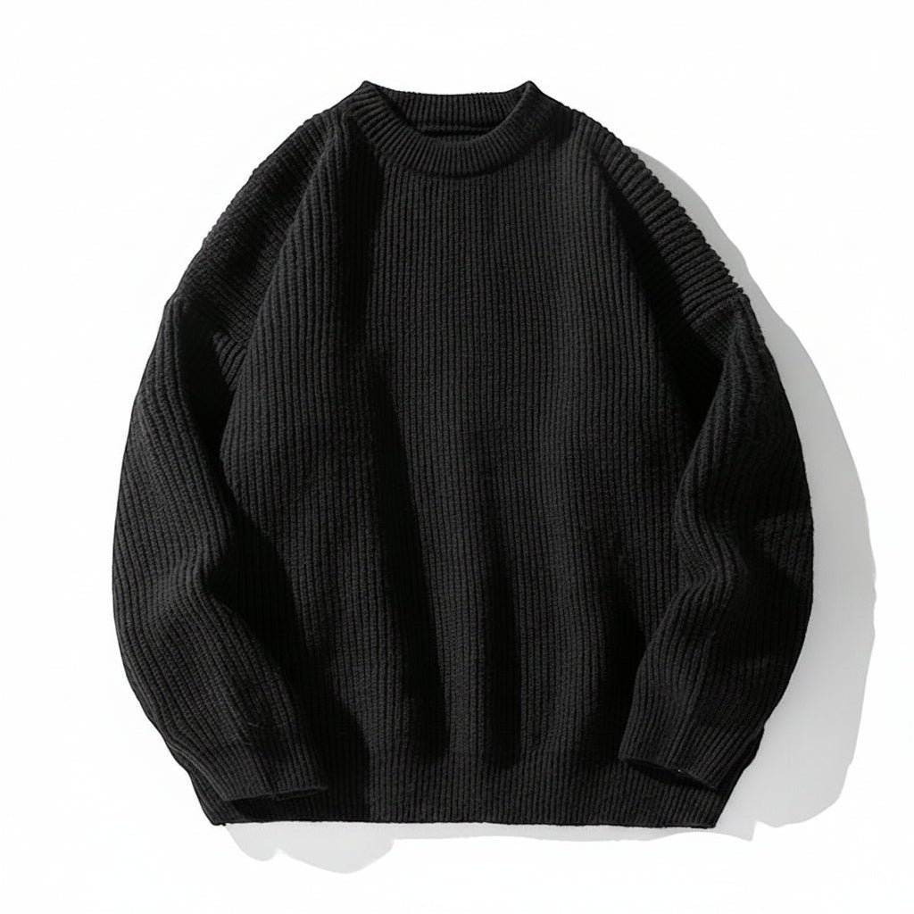 Allzom men's black chunky-knit crew-neck sweater with ribbed texture and relaxed fit.