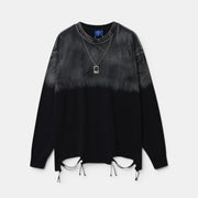 Allzom men's black cotton long-sleeve top with ombre wash and distressed hem detail.