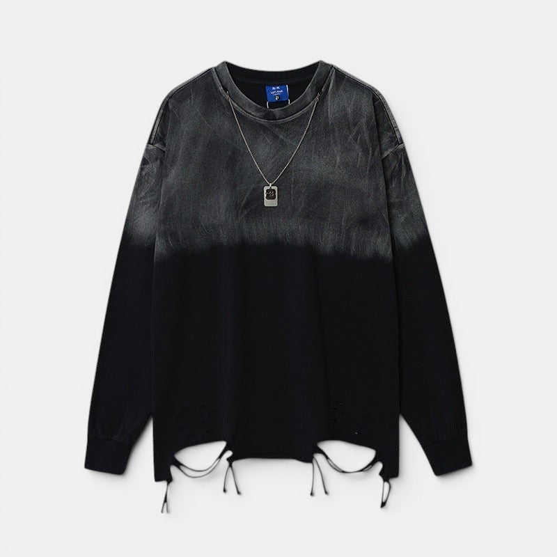 Allzom men's black cotton long-sleeve top with ombre wash and distressed hem detail.