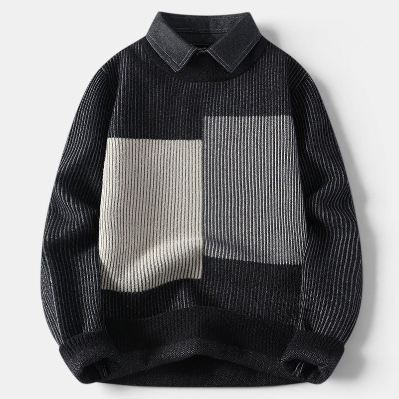 Allzom men's black and cream striped knit sweater with a contrasting collar. Fall/Winter fashion.