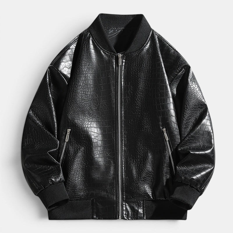 Allzom Men's black faux crocodile leather bomber jacket with zip closure and ribbed cuffs.