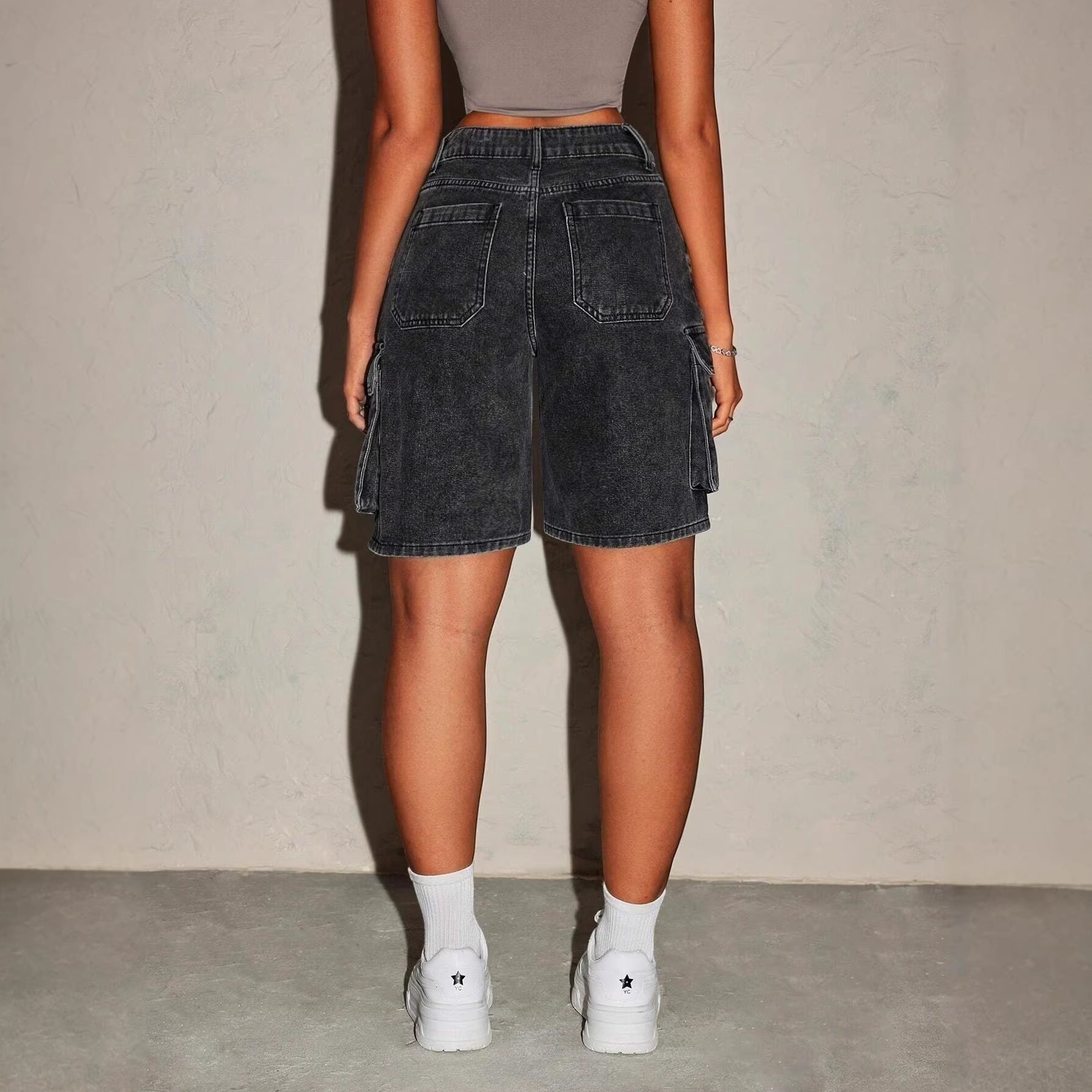 Allzom black washed denim cargo shorts with mid-rise waist and pockets, cropped length.