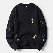 Allzom men's black knit sweater with embroidered cartoon characters and speech bubbles, crew neck, relaxed fit.