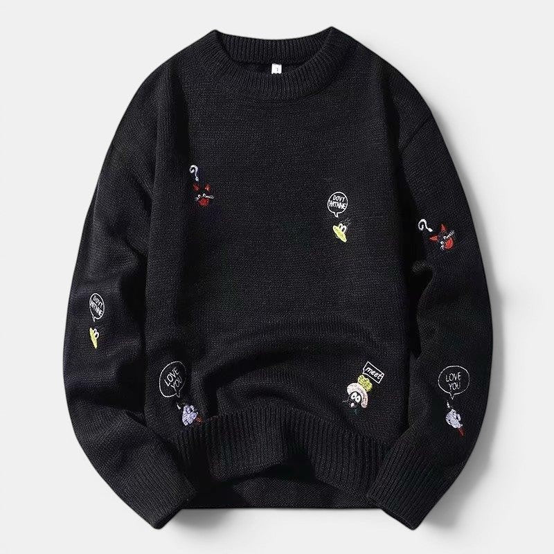 Allzom men's black knit sweater with embroidered cartoon characters and speech bubbles, crew neck, relaxed fit.