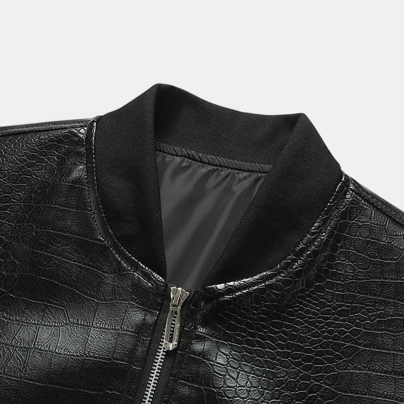 Allzom men's black faux crocodile leather bomber jacket with zip closure and ribbed collar.