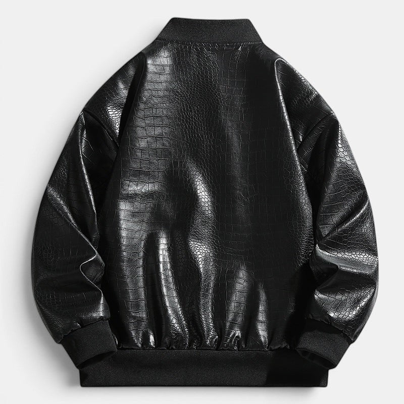 Allzom men's black crocodile-effect faux leather bomber jacket with ribbed cuffs and hem.