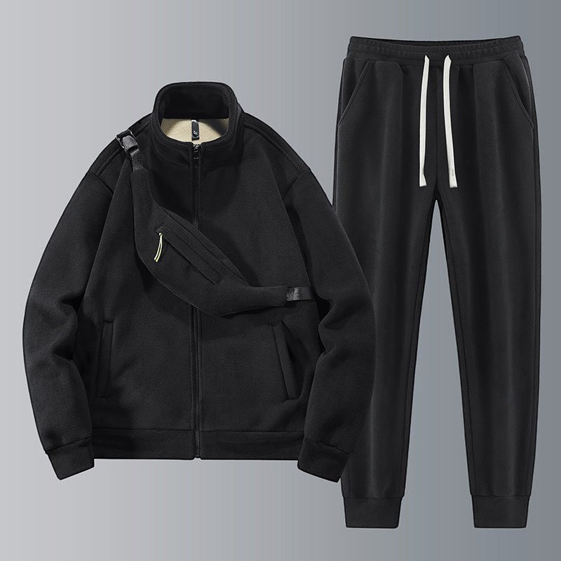 Allzom Men's black polar fleece lapel coat and matching trousers set with a chest bag detail.