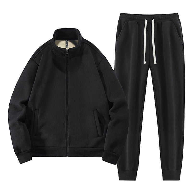 Allzom Men's black polar fleece lapel coat and matching trousers set for casual wear.