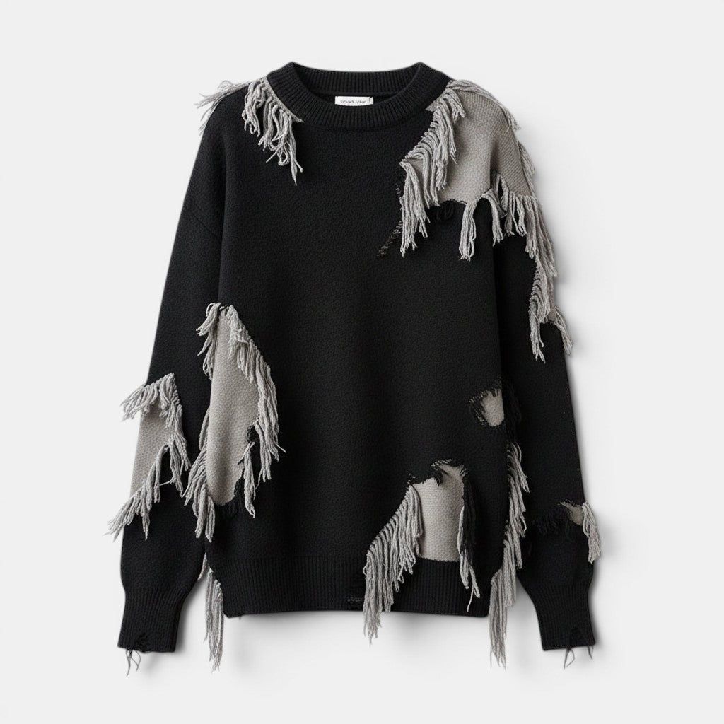 Allzom men's black and grey knit sweater with distressed details and fringe accents.