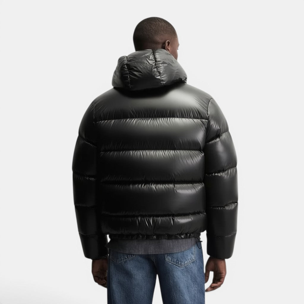 Allzom black hooded puffer jacket with horizontal quilting, made of cotton, for casual wear.