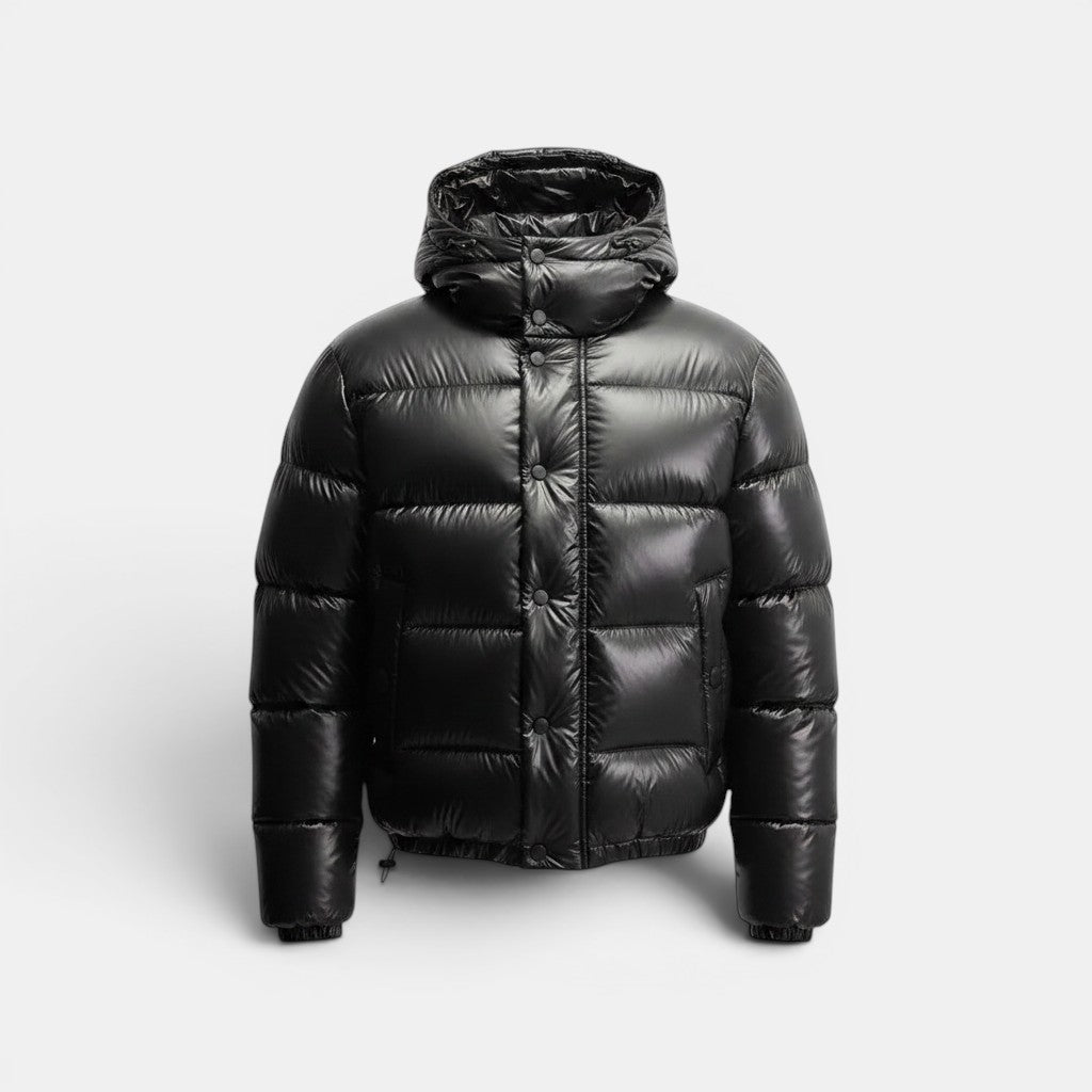 Allzom black hooded puffer jacket made of shiny cotton with snap button closure and adjustable drawstring hem.