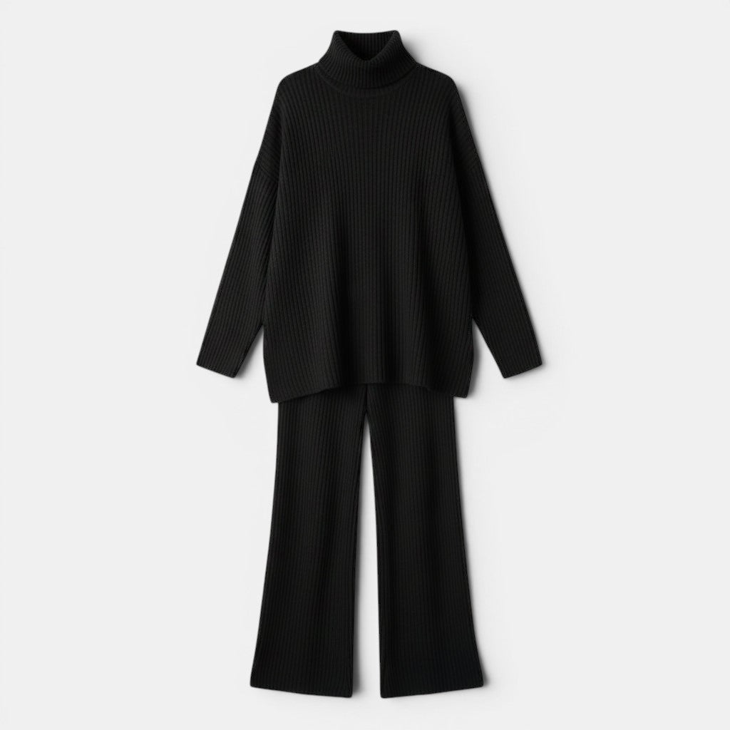 Allzom women's black ribbed knit turtleneck sweater and wide-leg pants leisure suit.