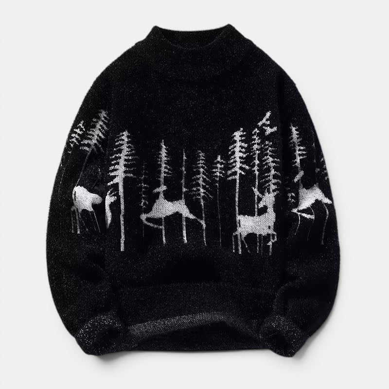 Allzom Men's black knit sweater with a white forest and deer print, featuring a half turtleneck.