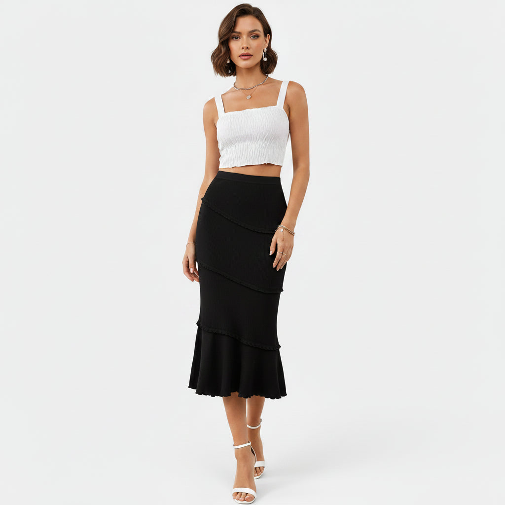 Allzom black knitted fishtail midi skirt with ruffled trim and patchwork detail, elegant business wear.