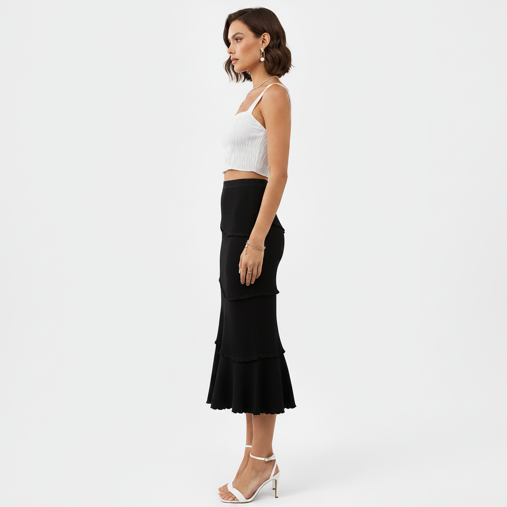 Womens Solid-Color Multi-Layer Patchwork Ruffle-Trim Knitted Fishtail Skirt