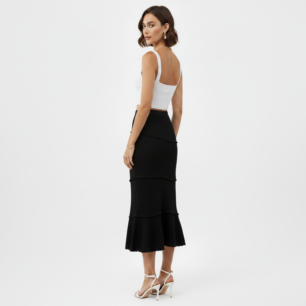 Womens Solid-Color Multi-Layer Patchwork Ruffle-Trim Knitted Fishtail Skirt