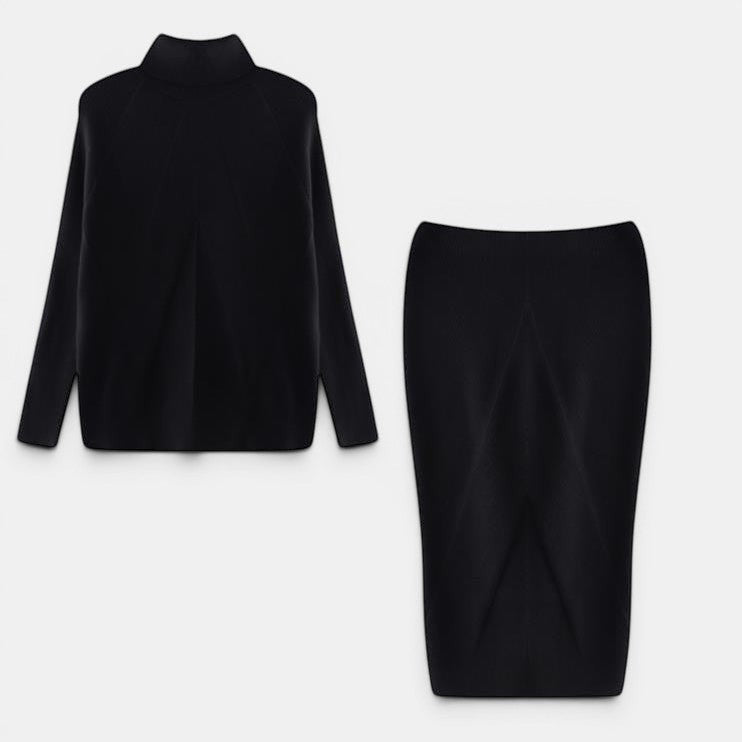 Allzom women's black slim fit turtleneck knitted sweater and matching skirt set.