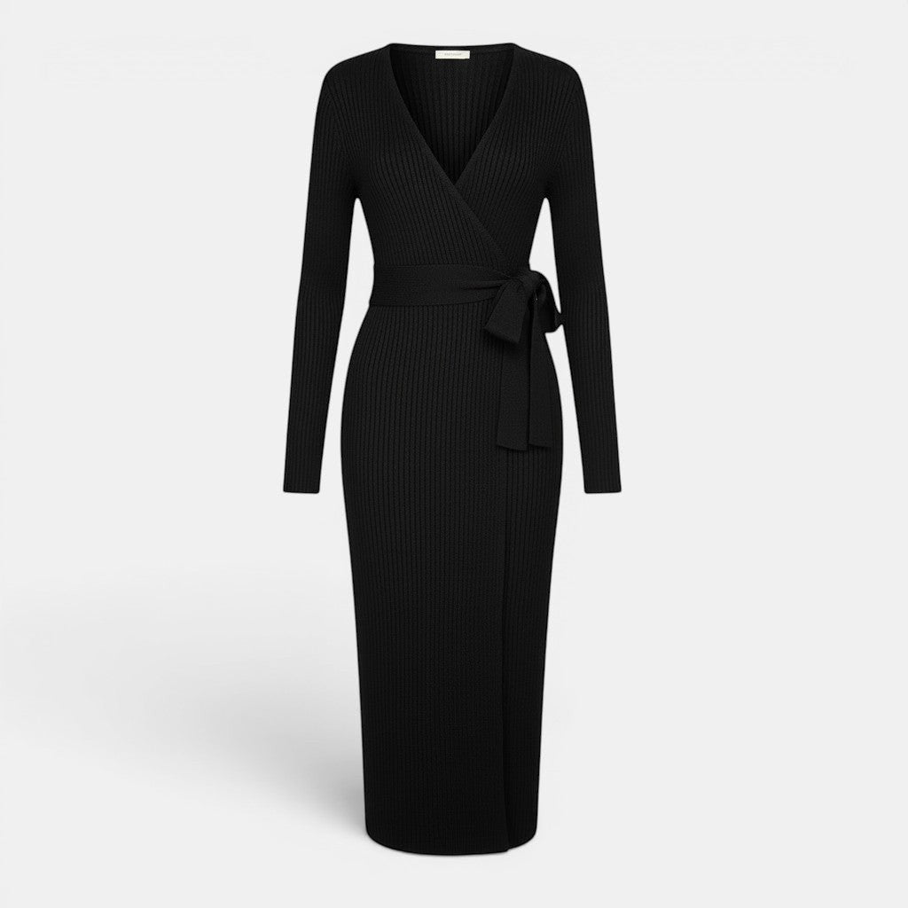 Allzom women's black long sleeve V-neck knitted wrap dress with tied waist detail.