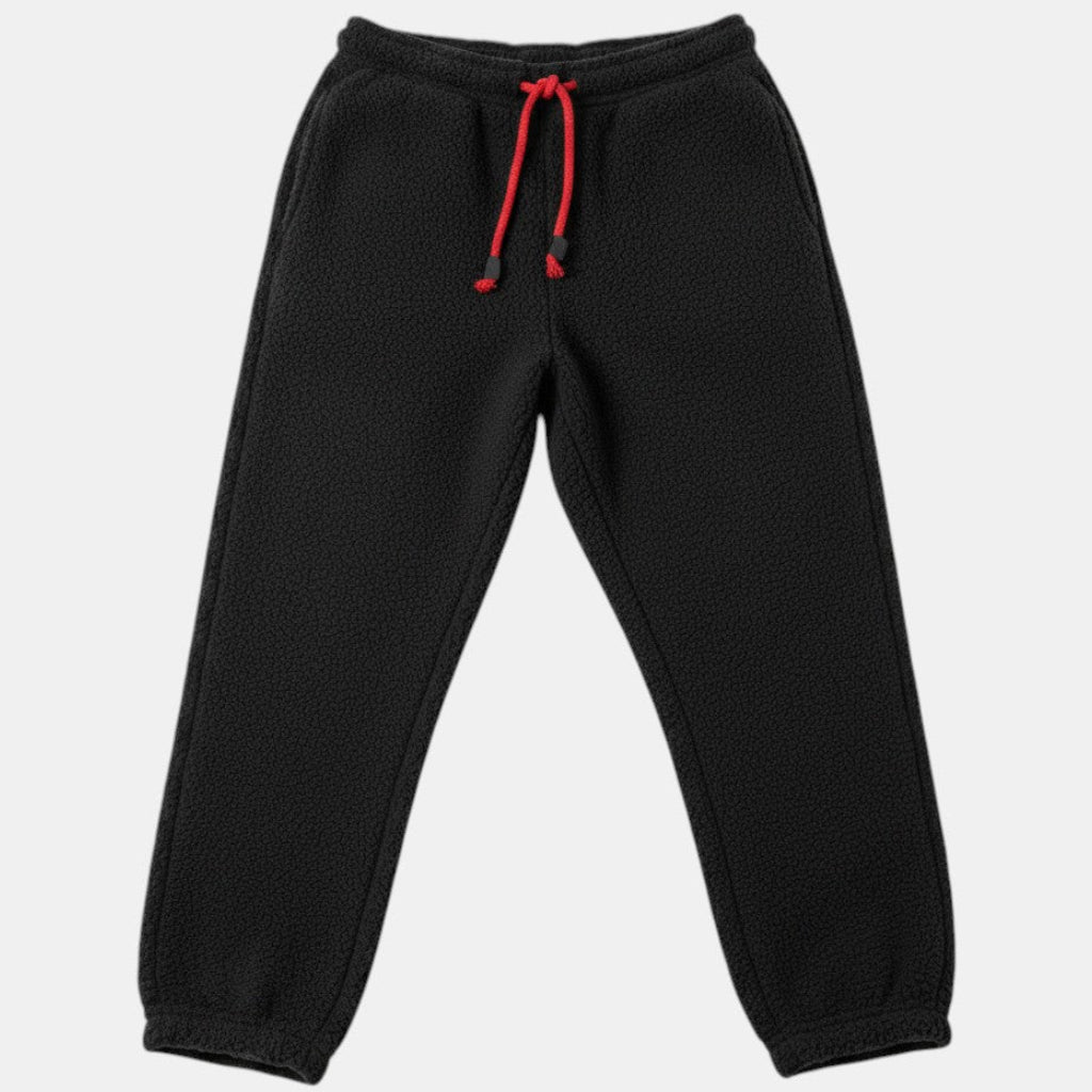 Allzom Men's black lambswool thermal casual trousers with retro grain texture and red drawstring.