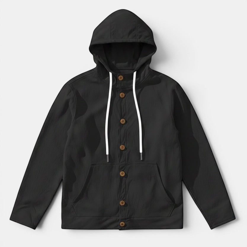 Allzom black linen hooded beach jacket with button-down front and white drawstrings.