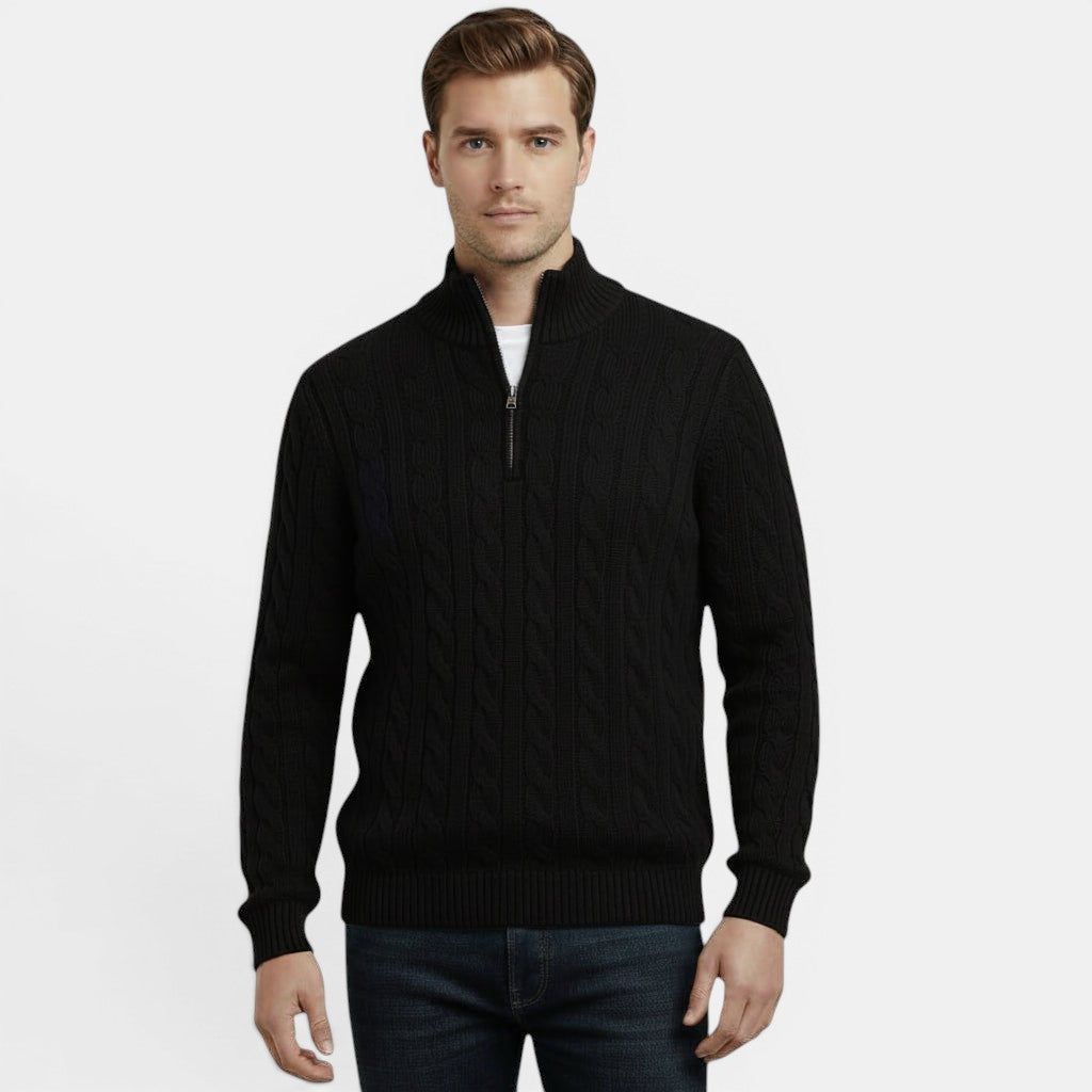 Allzom men's black cable-knit sweater coat with a zip-up neck and relaxed fit.