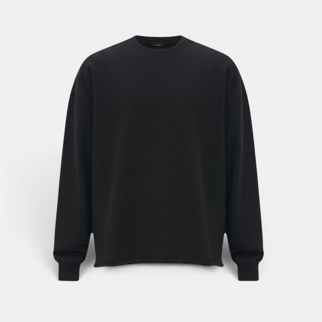 Allzom men's black loose-fit crew neck pullover sweater with layered white hem detail. Soft knitwear for a relaxed style.