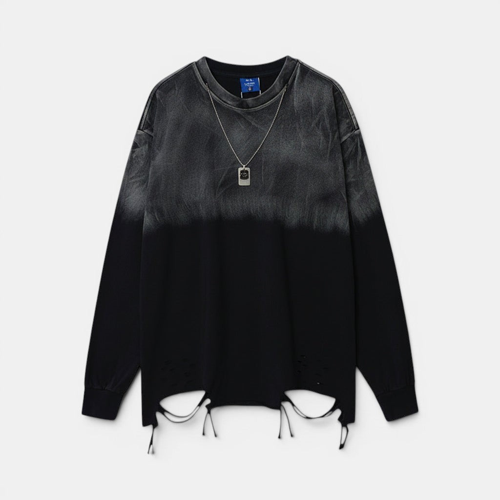 Allzom men's black loose-fit long-sleeve cotton top with washed ombre effect and distressed hem.