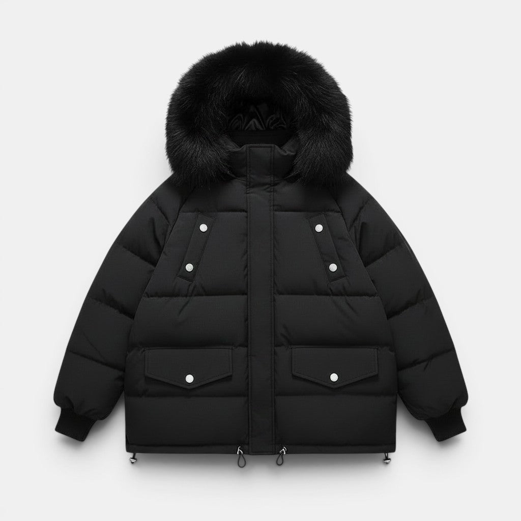 Allzom women's loose-fitting black padded winter coat with fur-trimmed hood and silver snap pockets.