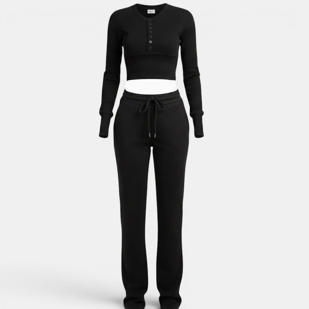 Allzom women's black ribbed knit crop top with button detail and matching straight-leg sweatpants with drawstring.