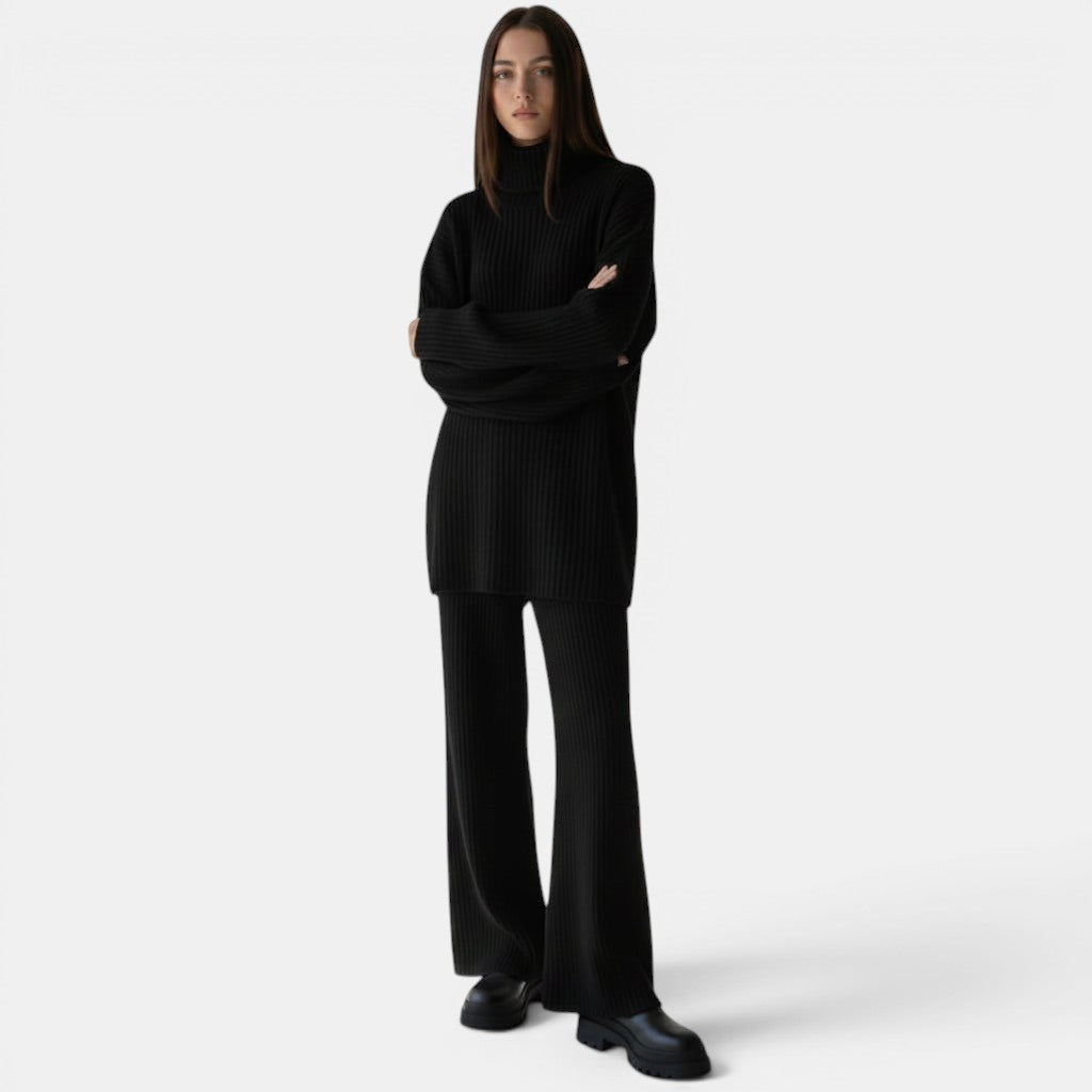 Allzom women's black ribbed knit turtleneck sweater and wide-leg pants leisure suit.