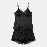 Allzom black satin lace-trim cami and shorts set. V-neck camisole with lace trim and adjustable straps, paired with matching shorts with lace hem.