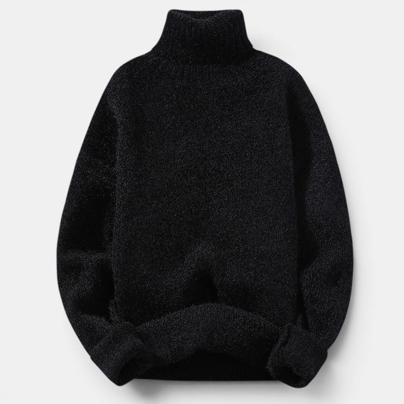 Allzom men's black slim-fit turtleneck sweater, thickened knit for warmth, soft fabric, pullover style.