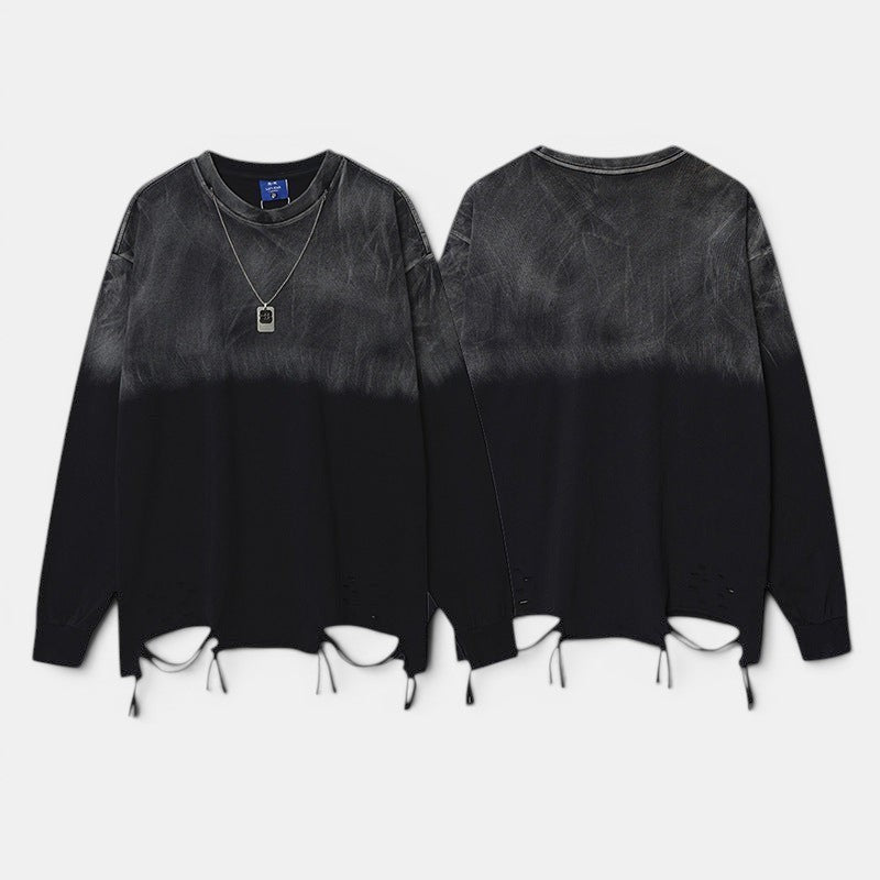 Allzom Men's Black Washed Ombre Loose-Fit Cotton Long-Sleeve Top with distressed hem and necklace detail.