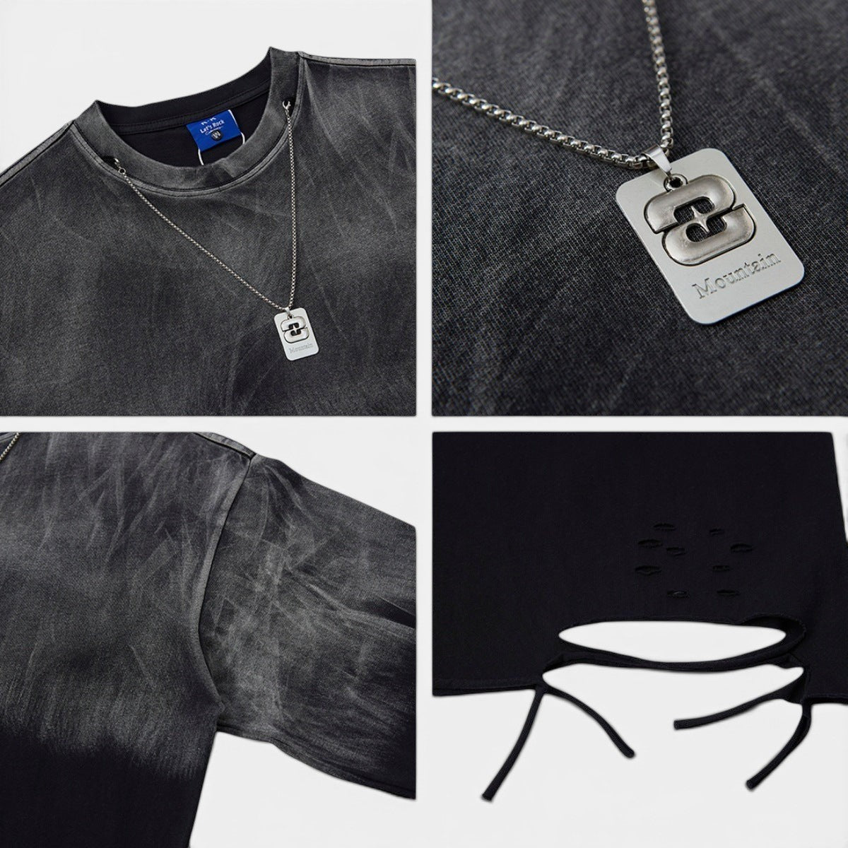 Allzom Men's black washed ombre loose-fit cotton long-sleeve top with distressed details and a silver chain necklace.